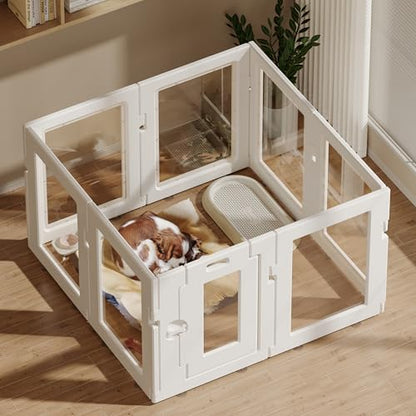 Clear Acrylic Dog Playpen Indoor, Puppy Cat Small Pet Play Pen, Easy Assemble & Disassemble Sturdy Plastic Dog Fence with Heavy Duty Door Lock (24In H, 8PCS), White - color: White, style: 8 Panels - 24 In
