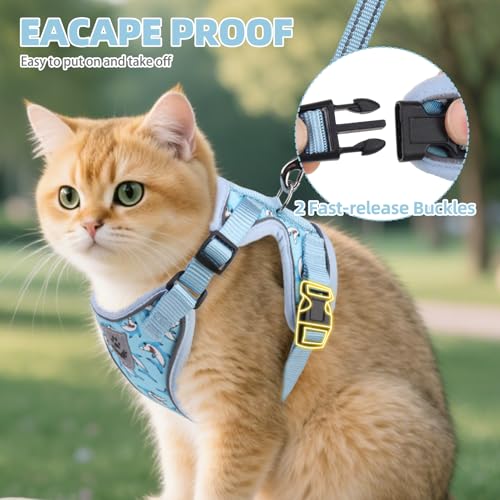 PUPTECK Cat Harness and Leash Set Escape Proof Reflective Cat Walking Harness Adjustable Soft Breathable Mesh Vest for Small Pets, Blue Sharks, S - color: Blue Sharks, size: S (NECK 9.5"-11", CHEST 13"-16")
