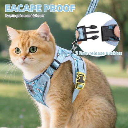 PUPTECK Cat Harness and Leash Set Escape Proof Reflective Cat Walking Harness Adjustable Soft Breathable Mesh Vest for Small Pets, Blue Sharks, S - color: Blue Sharks, size: S (NECK 9.5"-11", CHEST 13"-16")