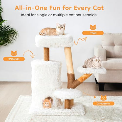 35-Inch Cat Tree for Indoor Cats, Multi-Level Tower with Sisal Posts, Dual Condos, Cushioned Perches & Removable Soft Cover, Natural Wood, Modern Cat Furniture for Large Cats, White - color: White Grey