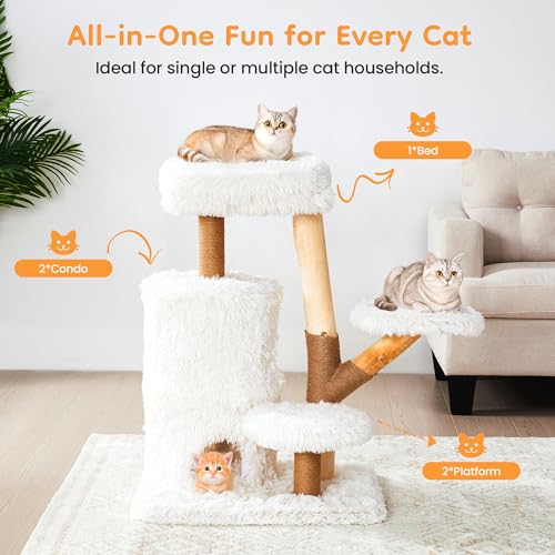 35-Inch Cat Tree for Indoor Cats, Multi-Level Tower with Sisal Posts, Dual Condos, Cushioned Perches & Removable Soft Cover, Natural Wood, Modern Cat Furniture for Large Cats, White - color: White Grey