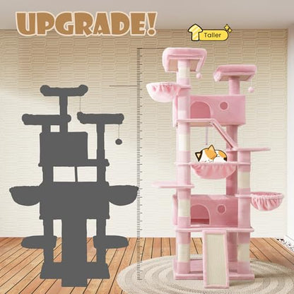 SHA CERLIN 81in Multi-Level Tall Cat Tree Tower for Indoor Kitties/Larger Cat Condo Furniture with Hammock/Cozy Pussycat Perches/Sisal Scratching Posts/Pet House/Wide Base/Pink - color: Pink