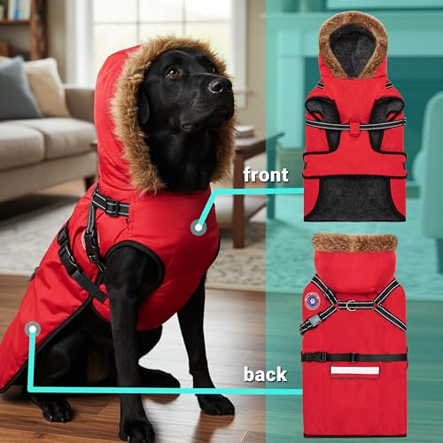 PAWNISAW Dog Winter Coat with Harness Built in, Warm Thick Plush Hooded Dog Snow Jacket for Cold Weather, Windproof Reflective Pet Clothes Outfit for Small, Medium, Large, XL & XXL Dogs Outdoor - color: Red
