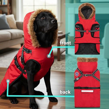 PAWNISAW Dog Winter Coat with Harness Built in, Warm Thick Plush Hooded Dog Snow Jacket for Cold Weather, Windproof Reflective Pet Clothes Outfit for Small, Medium, Large, XL & XXL Dogs Outdoor - color: Red