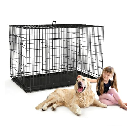 48 Inch Large Dog Crate, Wire Metal Dog Kennel with Double-Door, Divider & Leak-Proof Tray, Indoor Outdoor Foldable Travel Cage for Medium, Large Dogs