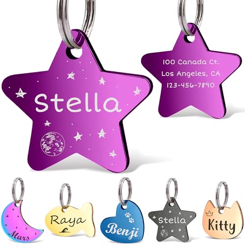 Anavia Small Size Dog Cat ID Tags, Small/XS Personalized Color Plated Stainless Steel Puppy Kitten Name Tags, Customized Engraved Nameplate Pet Collar Tag (Purple, Star) - color: Purple, size: Regular-Star