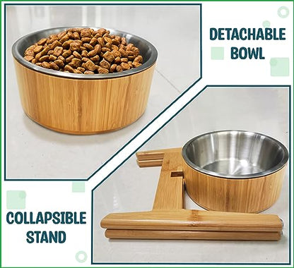 Elevated Dog Bowls for Large Breed - (15-Inch High) Raised Food/Water Bowl with Stand - Bamboo-Steel, Dry/Wet Food Suitable - color: Bamboo-N15, size: Height: 15" Bowl: 9.5"