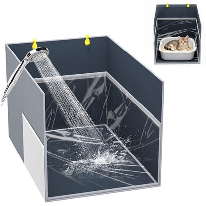 Aokeyee Cat Litter Box Enclosure Splash Guard, Extra Large 27"x22"x17" Foldable Waterproof Shield with Removable PVC Mat, Easy Clean Pet Litter Box Cover with 2 Hooks - color: Gray