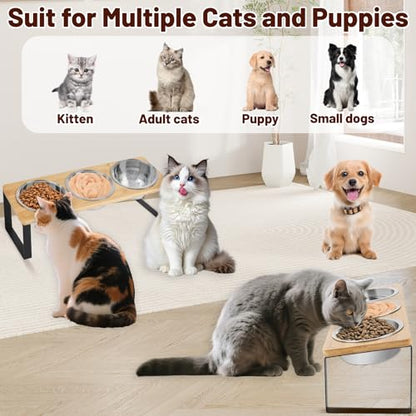 Elevated Cat Bowl, Raised Cat Food Bowls with 10° Tilted Stands, 3 Stainless Steel Bowls for Wet, Dry & Water, Hold by Bamboo Board, Anti Vomiting Cat Feeding Bowls with 4 Non-Slip Pads