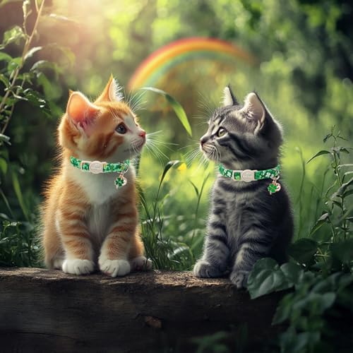 2 Pack St. Patrick’s Day Cat Collars - Breakaway Cat Collar with Bell, Lucky Clover Pendant, Adjustable Cute Green Bold Shamrock Kitten Collars for Boy Girl Cats - color: Bold Lucky Shamrock
