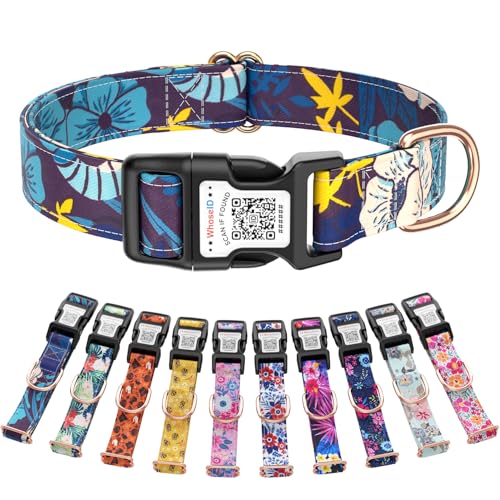 Small Dog Collar with Name QR ID - Custom Dog Collar with Online Profile - Female Cute Floral Comfortable Soft Thin Puppy Dog Collar Personalized - color: Purple/Blue Tropical Floral (Yellow accents), size: S