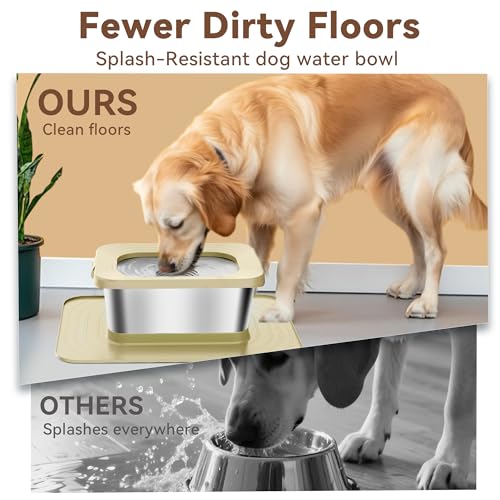 10L No Spill Dog Water Bowl, 2.6 Gal Stainless Steel No Splash Large Dog Water Bowl with Non-Slip Silicone Mat, Spill Proof Slow Drinking Pet Bowls for Messy Drinkers Indoor/Outdoor Use Beige - color: C-Beige