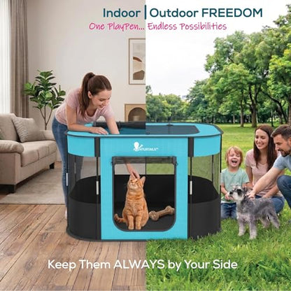 Portable Foldable Dog & Cat Playpen - Indoor Outdoor Travel - Medium Collapsible Pet Play Pen for Small Dogs, Puppies & Kittens - Lightweight Enclosure with Breathable Mesh, Fleece Liner & Carry Bag