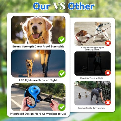 26ft Heavy Duty Retractable Dog Leash for Large Dogs, Dog Leash with Poop Bag Holder, Up to 100lbs, with LED Light, Chew Proof Cable, One-Handed Pause & Lock, 360° No Tangle. (Blue, 26Ft) - color: Blue