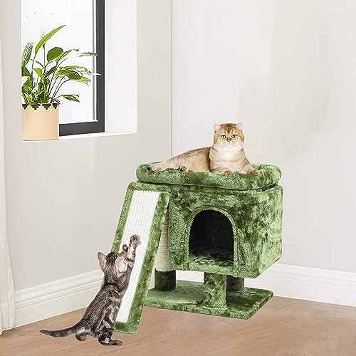 YANDLVY Small Cat Tower for Cats, Cute Cat Tree for Indoor Cats, Kittens Condo with Scratching Post and Board, Cat Cave, Modern Cat Activity House with Plush Perch (Green) - color: Green