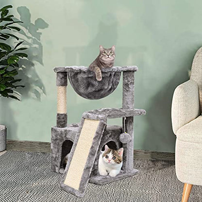SYANDLVY Cat Tree for Indoor Cats Large Adult, Modern Activity Tower with Scratching Posts & Board, Condo with Plush Perch, Climbing Stand with Cradle & Hanging Ball for Play, Light Grey - color: Light Grey