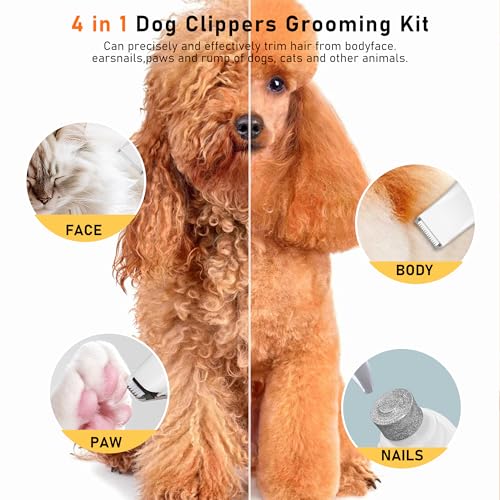 Dog Clippers for Grooming, 4 in 1 Dog Grooming Kit Hair Clipper with LCD Display, Dog Trimmer for Grooming, Dog Hair Trimmer for Paw Nail Grinder,Shaver Grooming Supplies for Pet Cats Dogs