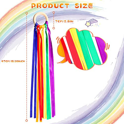 Sumind 6 Pcs Rainbow Ribbon Hand Kites Wands for Kids Dancer Streamer String Toy Thrown Waldorf Wand with Wooden Ring Wand Learning Educational(Bright Colors) - style: Bright Colors