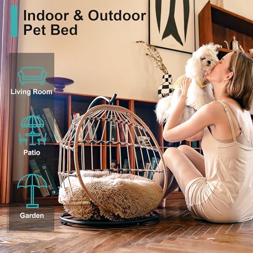 SWITTE Cat Hammock Chair Bed - Removable & Washable Cushion, Hanging Rattan Swing for Indoor Outdoor Cats & Small Dogs, Adjustable Pet Swinging Hammock with 3 Modes - Khaki - color: Khaki