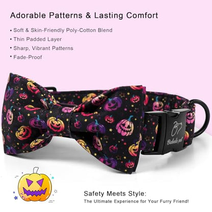 Halloween Dog Collar with Bow Tie - Cute Halloween Black Spooky Pumpkin Dog Collars, Adjustable Metal Buckle Bowtie Collar for Small Medium Large Boy Girl Dogs XS - color: B-Spooky Pumpkin, size: XS