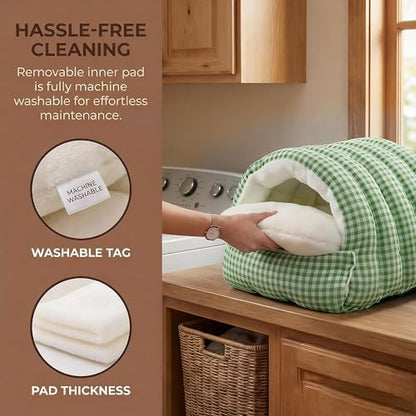 Small Cat Dog Cave Bed Calming Pet Nest Warm Plush Covered Cat House with Hooded Blanket Removable Hooded Blanket Cushion Washable Soft Calming Indoor Cat Bed (Green, Medium) - color: Green, size: Medium