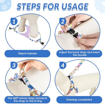 Lukovee Puppy Harness and Leash Set, No Pull Lightweight Soft Suede Adjustable Pet Harness Vest with Snap Buckle for Puppy Small and Medium Size Dog (Blue Flower, XS) - color: ·Blue Flower, size: X-Small ( 5.5-11lb )