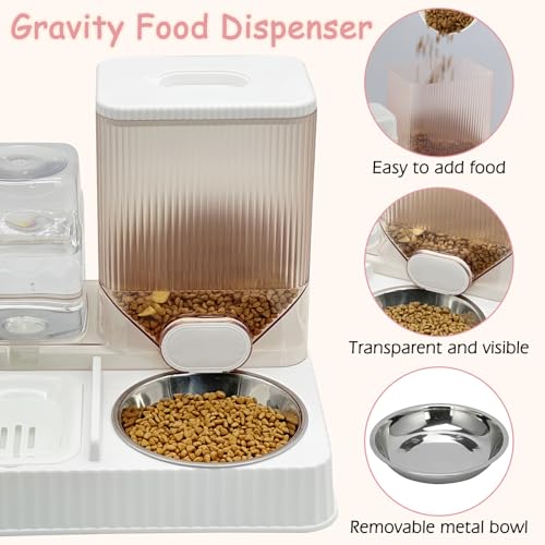Fhiny Gravity Cat Feeder & Water Dispenser, 2 in 1 Automatic Puppy Waterer Removable Stainless Steel Food Bowls Set Self Feeding Pet Food Storage for Cat Kitten Puppy Easy Clean (White) - color: White-Metal Bowl