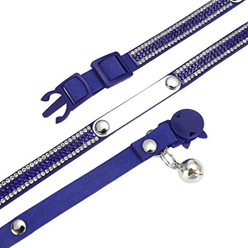 Mogoko Personalized Breakaway Cat Diamond Collar, Customized Bling Kitten Pet Collar with Engraved ID Name Plate and Bell（Blue） - color: Blue