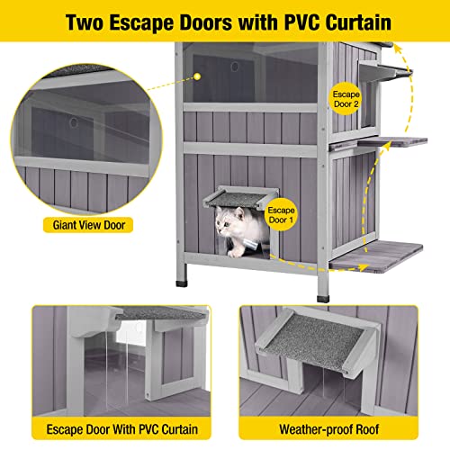 Aivituvin 2-Story Outdoor/Indoor Cat House - Solid Wood Kitty Condo with Escape Door, Removable Floors, Weatherproof Asphalt Roof & Sun Balcony
