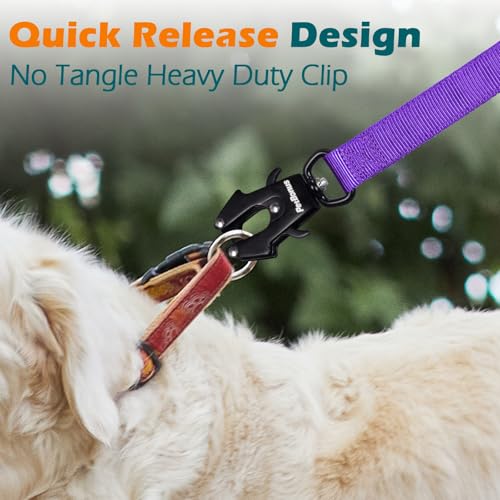 Heavy Duty Tactical Dog Leash, 5 FT Bungee Shock Absorption Leash with 2 Padded Handles, Quick Release Metal Clip, Car Seatbelt, No Pull Training Lead for Large Medium Dogs（Purple） - color: Purple