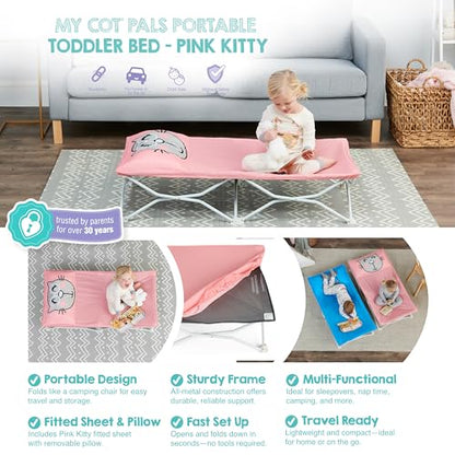 Regalo My Cot® Pals Portable Toddler Bed with Fitted Sheet & Pillow, Foldable Kids Travel Bed & Camping Cot, Cat Design, Ages 2–5, 46.5” x 24” x 9.5”, Pink - color: Small Single - Pink
