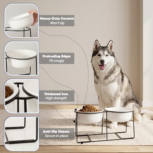 Ceramic Elevated Dog Bowl Set - Raised Double Feeding Bowls with Metal Stand - Pet Dishes for Medium and Large Dogs - 5.8 Cups - 47.3 fl oz - Matte White - color: Matte White, size: XL-800ml