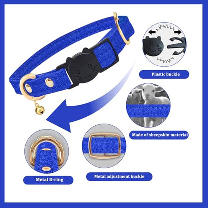 Cat Collar Breakaway with D-Ring and Safety Buckle, Adjustable, Soft Sheep Leather and Lightweight for Kittens and Small Pets (Neck Fit 7.5"-11", Blue) - color: Blue