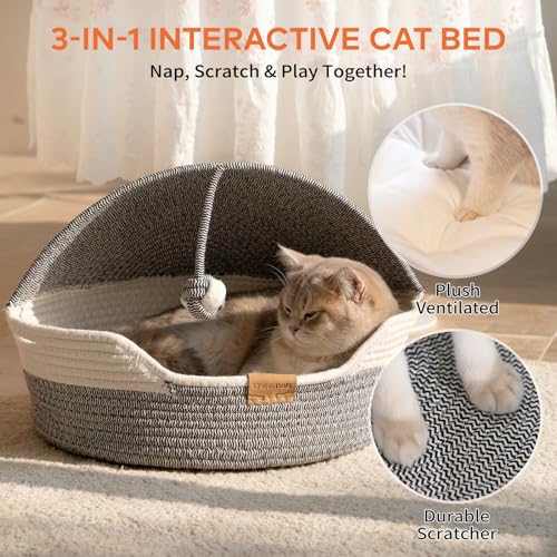 Cat Basket Bed with Washable Cushion and Ball Rope Cotton, Covered Pet Bed for Indoor Cats Cave Bed Hooded, Stimulicat Cat Bed Handwoven Breathable, All Season Universal(Blue) - color: Blue