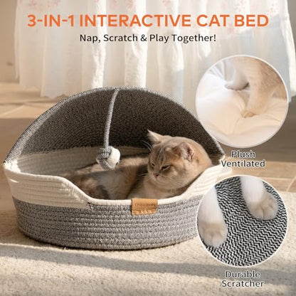 Cat Basket Bed with Washable Cushion and Ball Rope Cotton, Covered Pet Bed for Indoor Cats Cave Bed Hooded, Stimulicat Cat Bed Handwoven Breathable, All Season Universal(Blue) - color: Blue
