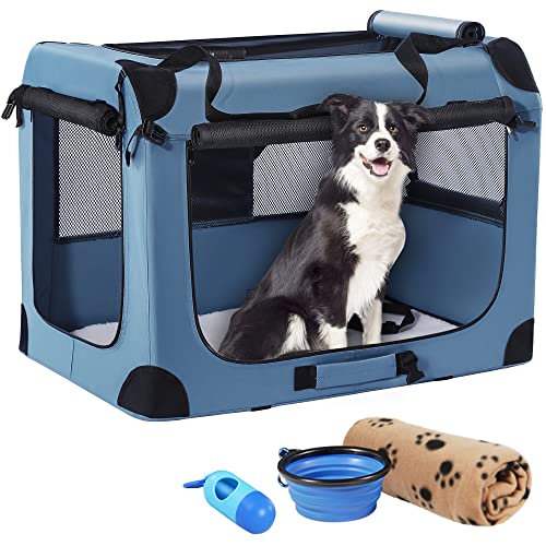 Petprsco Portable Dog Crate - 32"x23"x23" Collapsible Dog Travel Crate for Medium/Large Dogs with Soft Blanket, Foldable Bowl & Poop Bag Dispenser - Indoor & Outdoor Use - color: Blue, size: 32x23x23 Inch