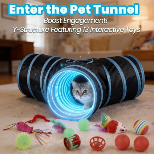 Pet Tunnel for Indoor Cats, 3-Way Collapsible Interactive Pet Tube Infused Catnip, Crawling Runway Toy for Kittens & Adult Cats, Bed Hideaway Toy for Small Pets & Animals