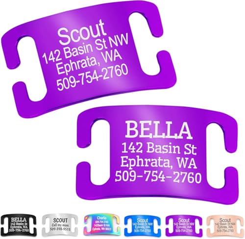 GoTags Slide-On Pet ID Tag, Curved Personalized Dog and Cat, Silent, No Noise Stainless Steel, Custom Engraved in 4 Sizes for Large and Small Pets, Purple - color: Purple