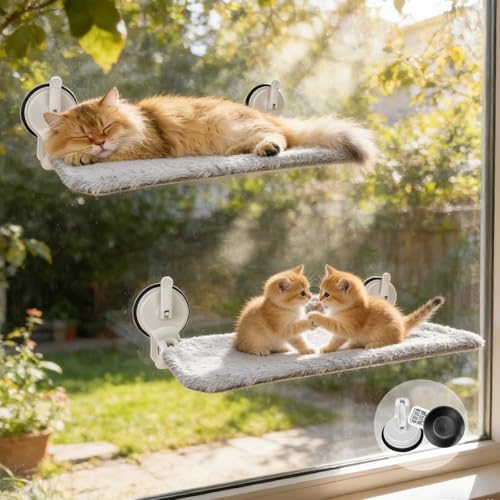 L&W BROS. 2PC Cat Window Perch with Lever Lock Suction Cups Holds up to 50 lbs Foldable & Space Saving Design Heavy Duty Window Hammock for Large or Multiple Cats (M 2Pc) - size: M