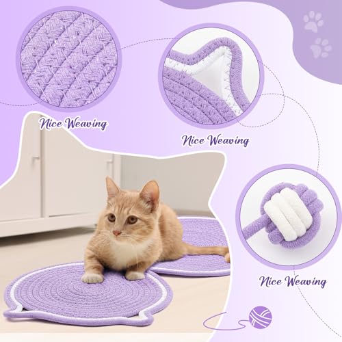 Shinylin 25.6 Inch Large Scratching Mat for Indoor Cats Natural Cotton Rope Flat Scratcher with Ear Hooks and Ball Toy Cat Scratch Rug Pad for Wall, Couch, Carpets, Sofas (Purple) - color: Purple