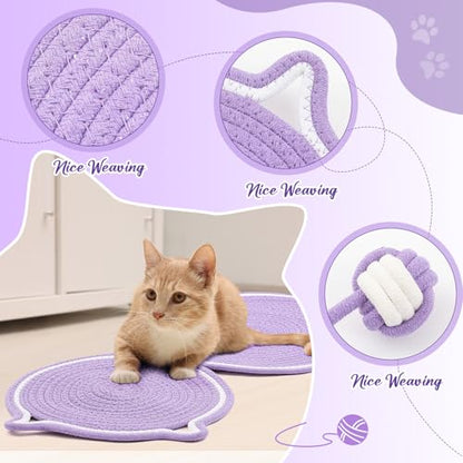 Shinylin 25.6 Inch Large Scratching Mat for Indoor Cats Natural Cotton Rope Flat Scratcher with Ear Hooks and Ball Toy Cat Scratch Rug Pad for Wall, Couch, Carpets, Sofas (Purple) - color: Purple