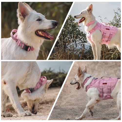 OneTigris Tough Dog Collars, Tactical Dog Collar with Handle, Milltary Adjustable Dog Collar with Heavy Duty Metal Buckle for Training (Large,Pink) - color: Pink, size: L