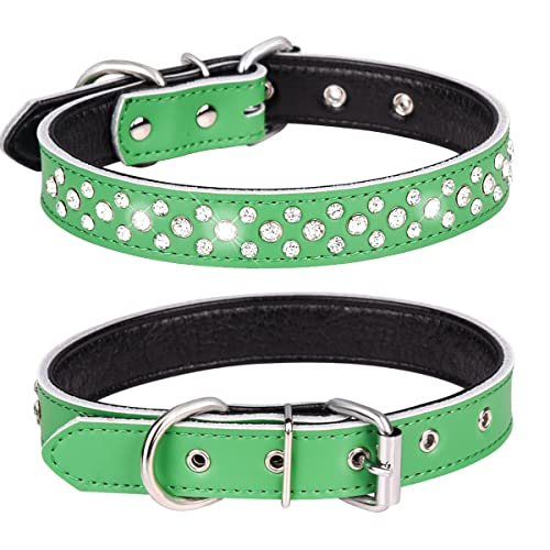 Rhinestones Dog Collar, Adjustable Sparkly Crystal Studded Genuine Leather Pet Dog Collar for Small and Medium Dogs (S, Green) - color: Green, size: S