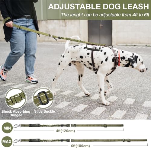 Tactical Dog Leash Heavy Duty, 4-6FT Shock Absorbing Bungee Dog Leash, Reflective Military Strong No Pull Dog Leash with 2 Padded Handle and Car Seatbelt for Medium Large Dogs, Army Green - color: Army Green