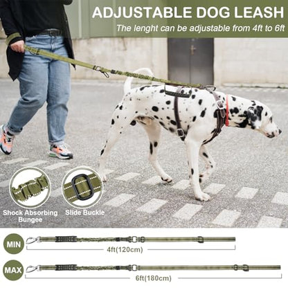 Tactical Dog Leash Heavy Duty, 4-6FT Shock Absorbing Bungee Dog Leash, Reflective Military Strong No Pull Dog Leash with 2 Padded Handle and Car Seatbelt for Medium Large Dogs, Army Green - color: Army Green