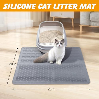 Silicone Cat Litter Mat, 28x20 in Waterproof Litter Box Mat Cats Feeding Mats with Raised Edges, Quick Clean Desig (Grey) - size: 28"L x 20"W