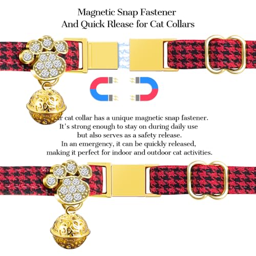 Personalized Breakaway Cat Collars - Magnetic Buckle, Bell - Safety Quick Release, Customized for Girls & Boys Cats- (Houndstooth-Red) - color: Houndstooth-Red