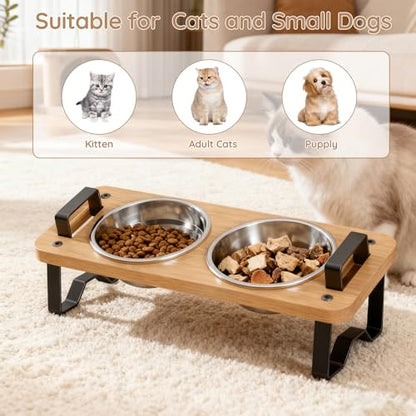 Elevated Cat Bowls with Handles, 15° Tilted 2 Stainless Steel Bowls & Food Mat, Adjustable Height Anti-Vomit Feeder for Easy Cleaning, The for Cat Lovers - Complete Feeding Solution - size: 2 cat bowls