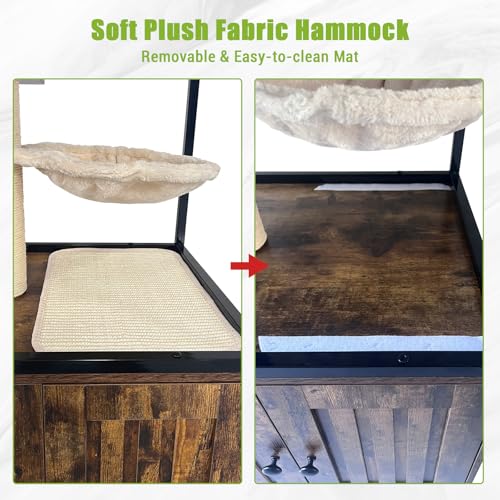 GarveeHome Cat Tree with Litter Box Enclosure 57.5 in H Wooden Cat Tower Cabinet with Wheels Dog Proof Corner Hidden Litter Box with Condo, Hammock and Scratching Post Retro Brown