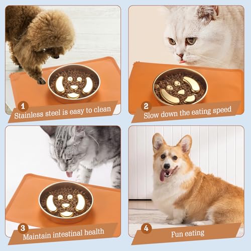 Golden Stainless Steel Slow Feeder Dog Bowls – Non-Slip Metal Dog Bowl for Large & Medium Breeds, Puppy Puzzle Feeder – 2 Cup for Small to Big Pets – Durable Slow Feed Dog & Cat Food Dish with Mat - color: Face With Mat-Golden